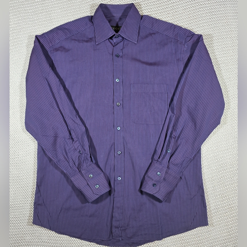 Vintage Gucci Men Button Up Shirt Sz 41/16 Purple Striped Long Sleeve